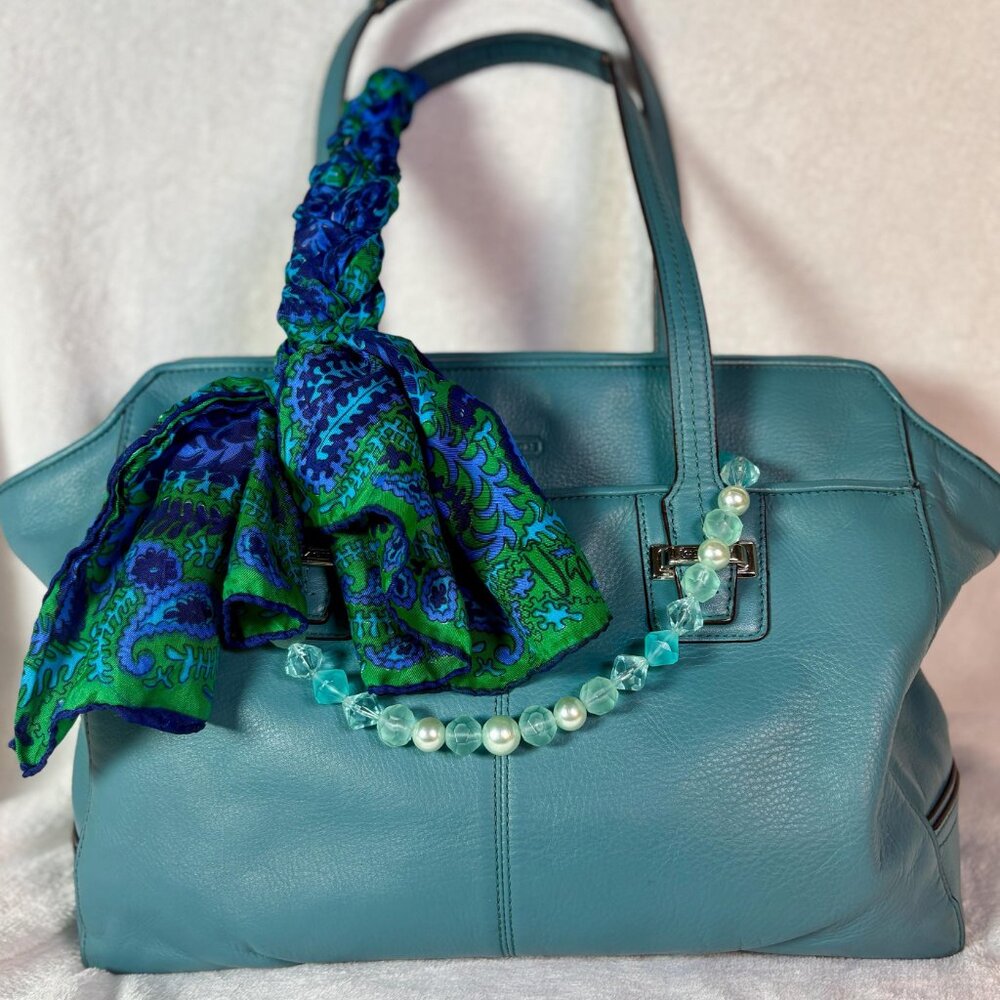 Coach Taylor Leather Alexis Caryall Tote in Teal Blue with Scarf and Chain - Picture 9 of 13